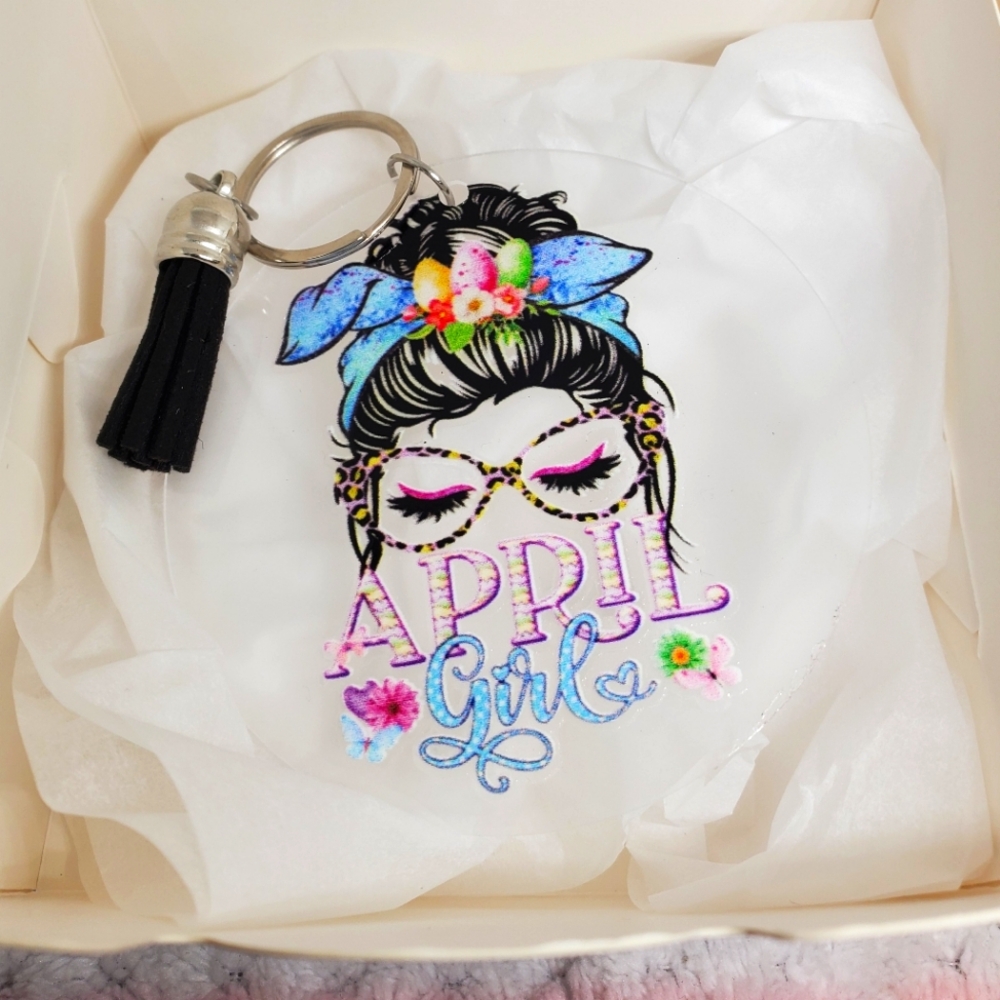 7/$10 April Girl Acrylic Keychain with Tassel, New